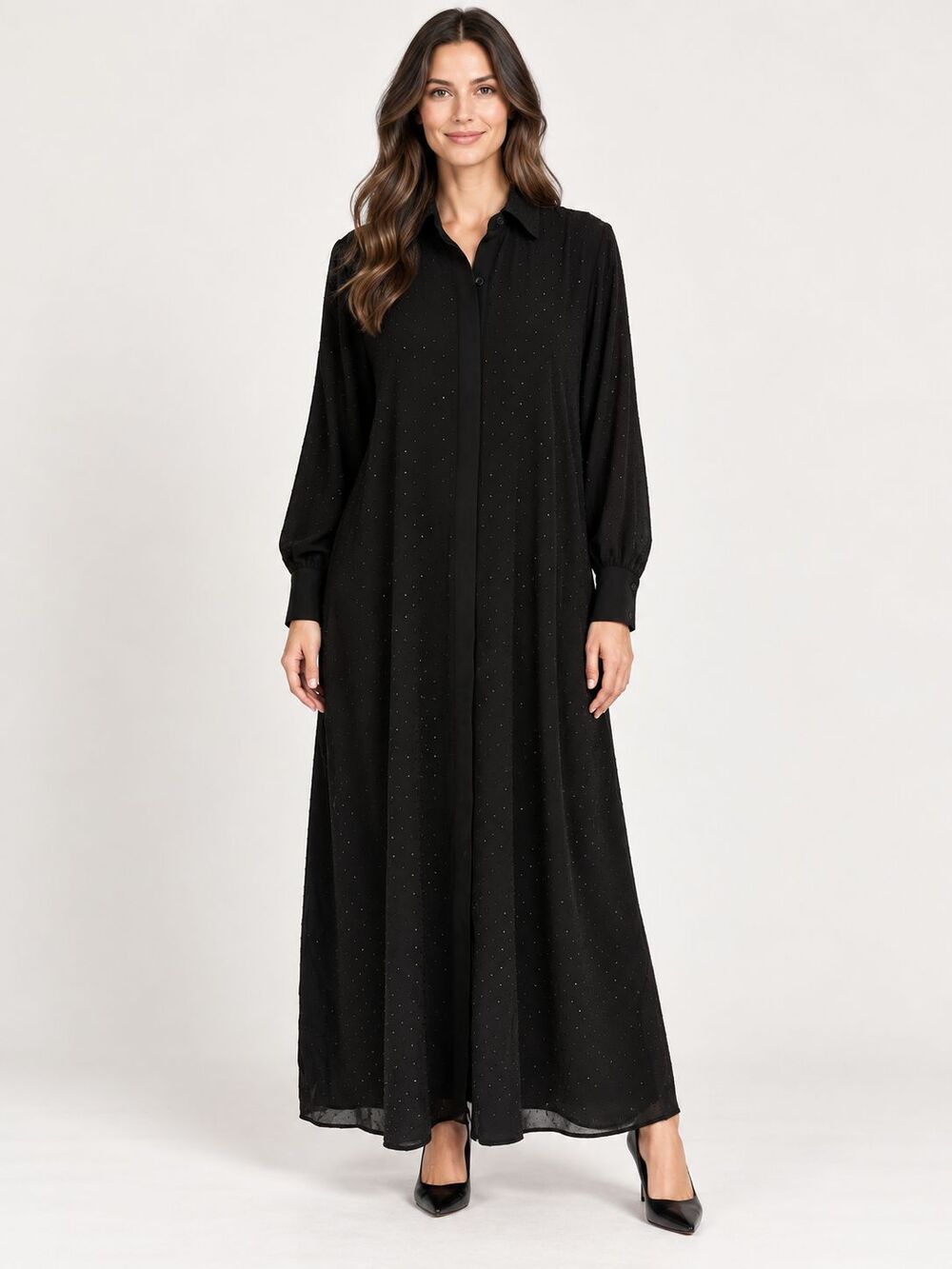 Chico’s Size 1 M Black Allover Sequin Maxi Shirt Dress Long Sleeve NWT